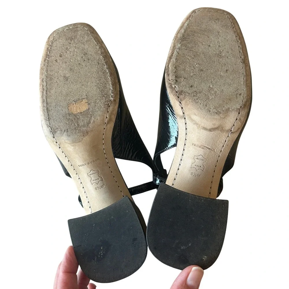Tory Burch Georgia Black Patent Slingback Block Heel Pumps Size 8.5